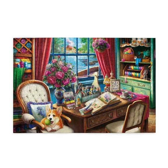 500 Piece Vibrant Craft Room Retreat Jigsaw Puzzle For Adults – Relaxing Lakeside Art Studio & Corgi Dog Scene, Challenging Brain Game & Home Decor Gift.