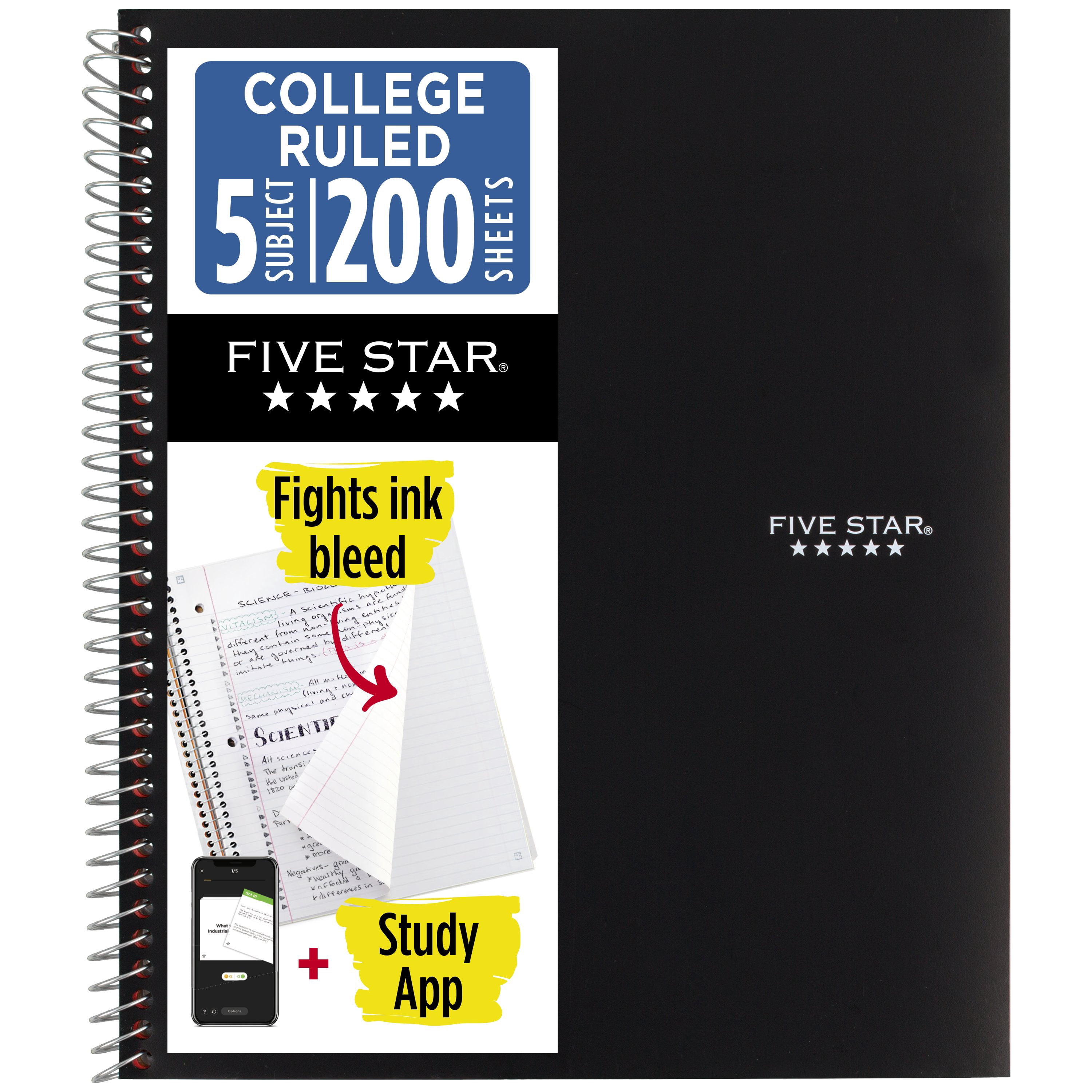 (4 pack) Five Star Spiral Notebook + Study App, 5 Subject, College Ruled, 8.5" x 11", Black