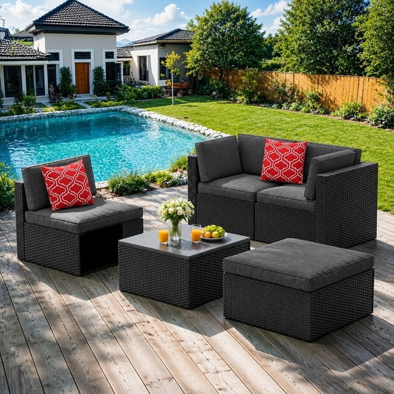5-Piece Wicker Patio Set: Sectional Sofa Coffee Table, Plush Seat Cushions & 2 Pillows, Dark Grey – Great for Outdoor Living Spaces