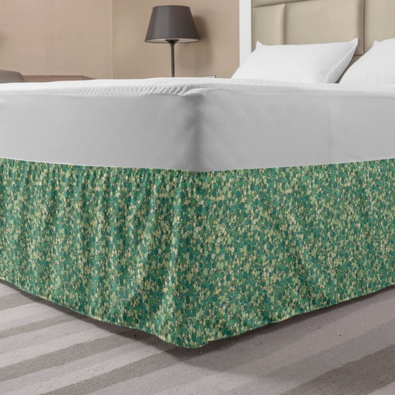 Abstract Bed Skirt, Continuous Dots Funky Arrangement Surreal Repeating Pattern Green Tone Monochrome, Elastic Bedskirt Dust Ruffle Wrap Around for Bedding Decor, 4 Sizes, Multicolor, by Ambesonne