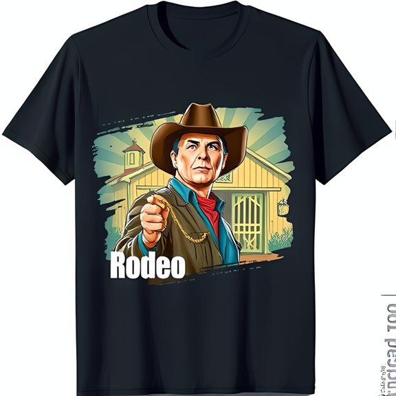 Men's Black T-Shirt with Colorful Cowboy Graphic 'Rodeo' Design Featuring Cowboy in Vest and Hat