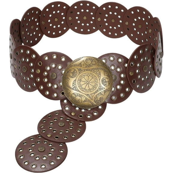 Papapt Western Belts for Women Wide Hollow Disc Leather Belt Cowgirl Waist Belt for Jeans Dresses with Metal Buckle