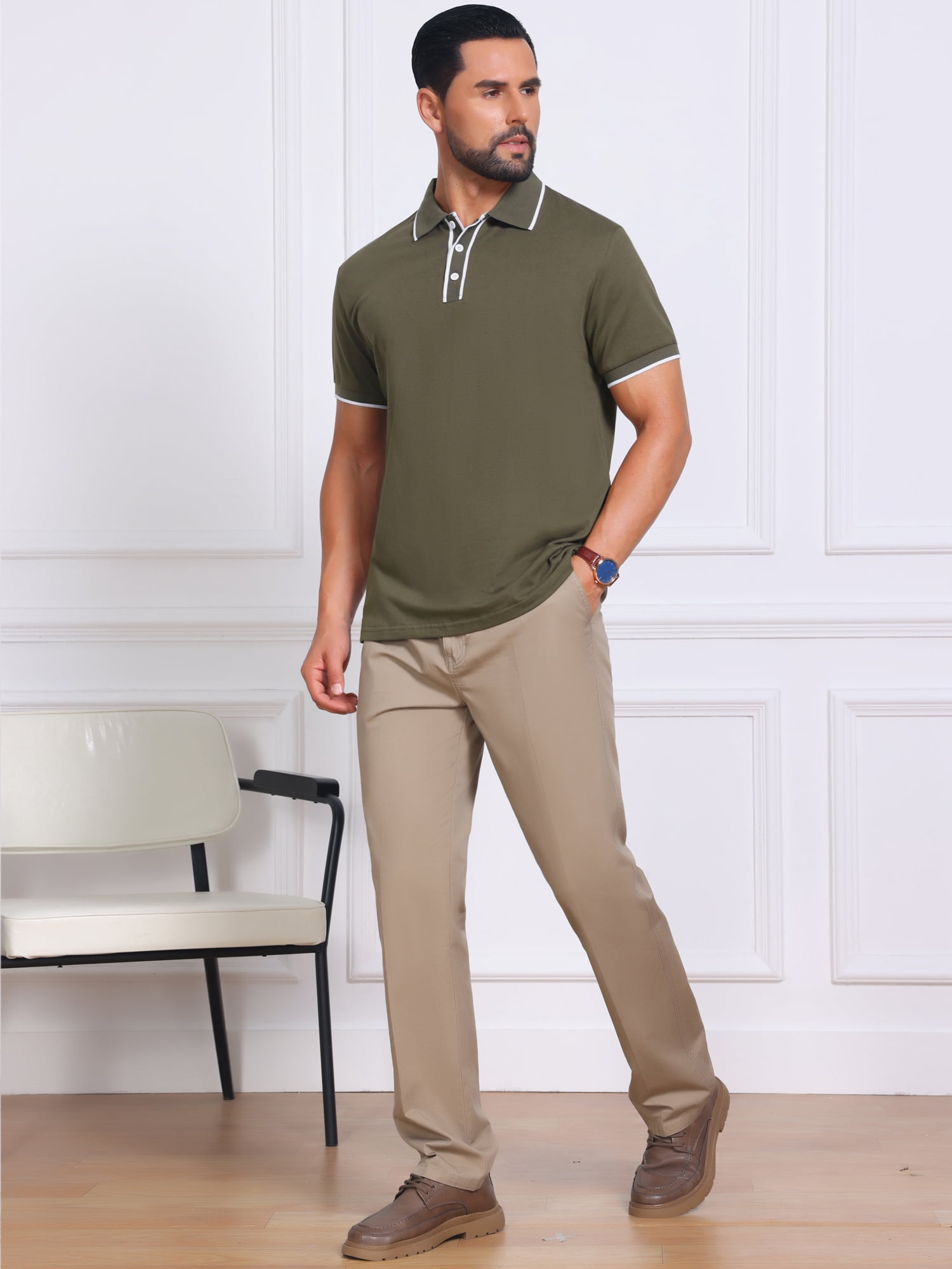 DARING DIVA Men's Contrast Trim Short Sleeve Button Closure Polo Shirts S Olive Green