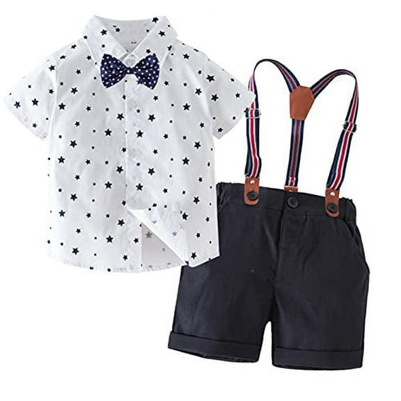 StylesILove Baby Toddler Boys Short Sleeve Star Shirt and Bottom, Suspenders, Bowtie 4pcs Gentleman Suit Set Cotton Overalls Outfit (3T)