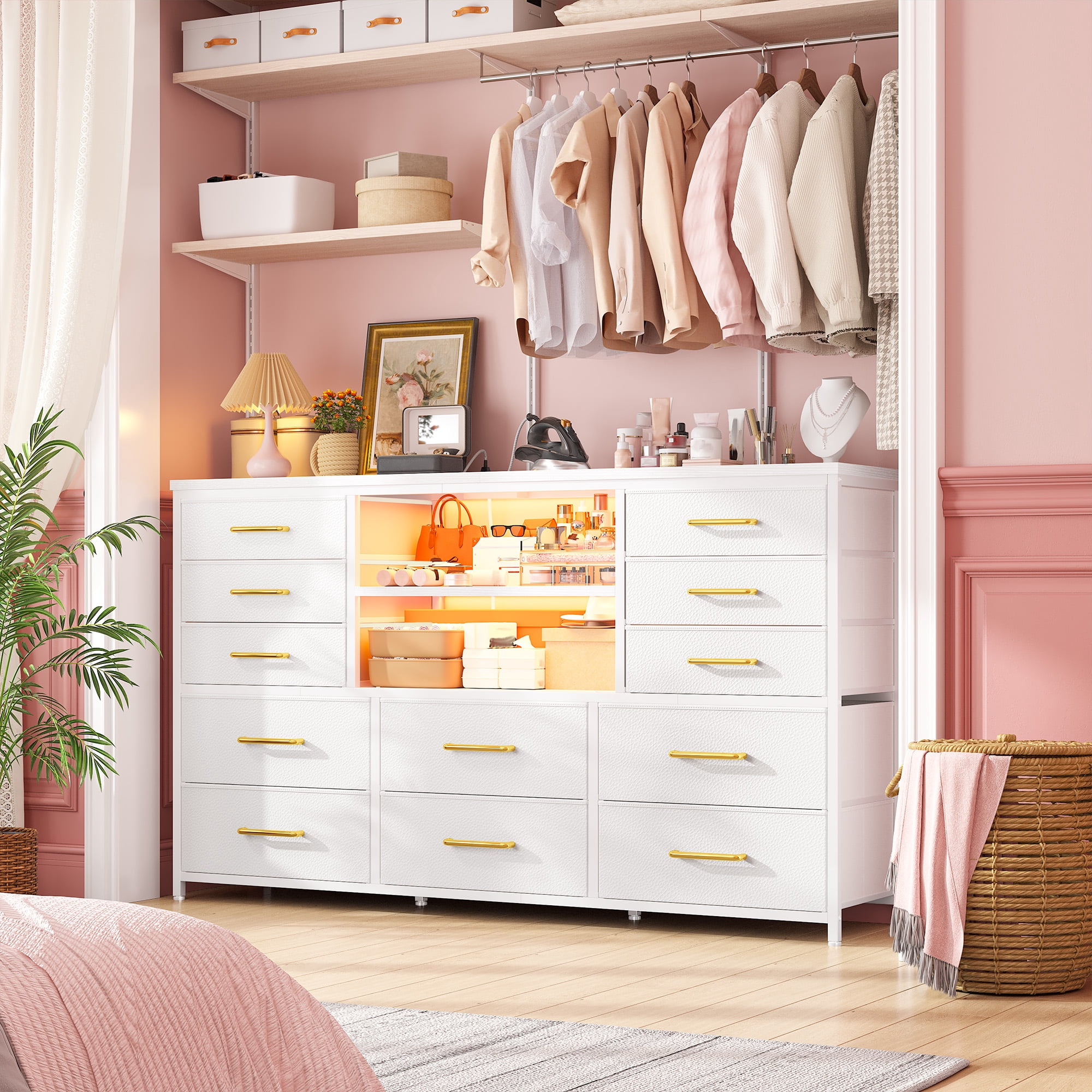 EnHomee White Dressers for Bedroom with LED Lights TV Stand with Power Outlet for 55'' TV with 12 Fabric Drawers