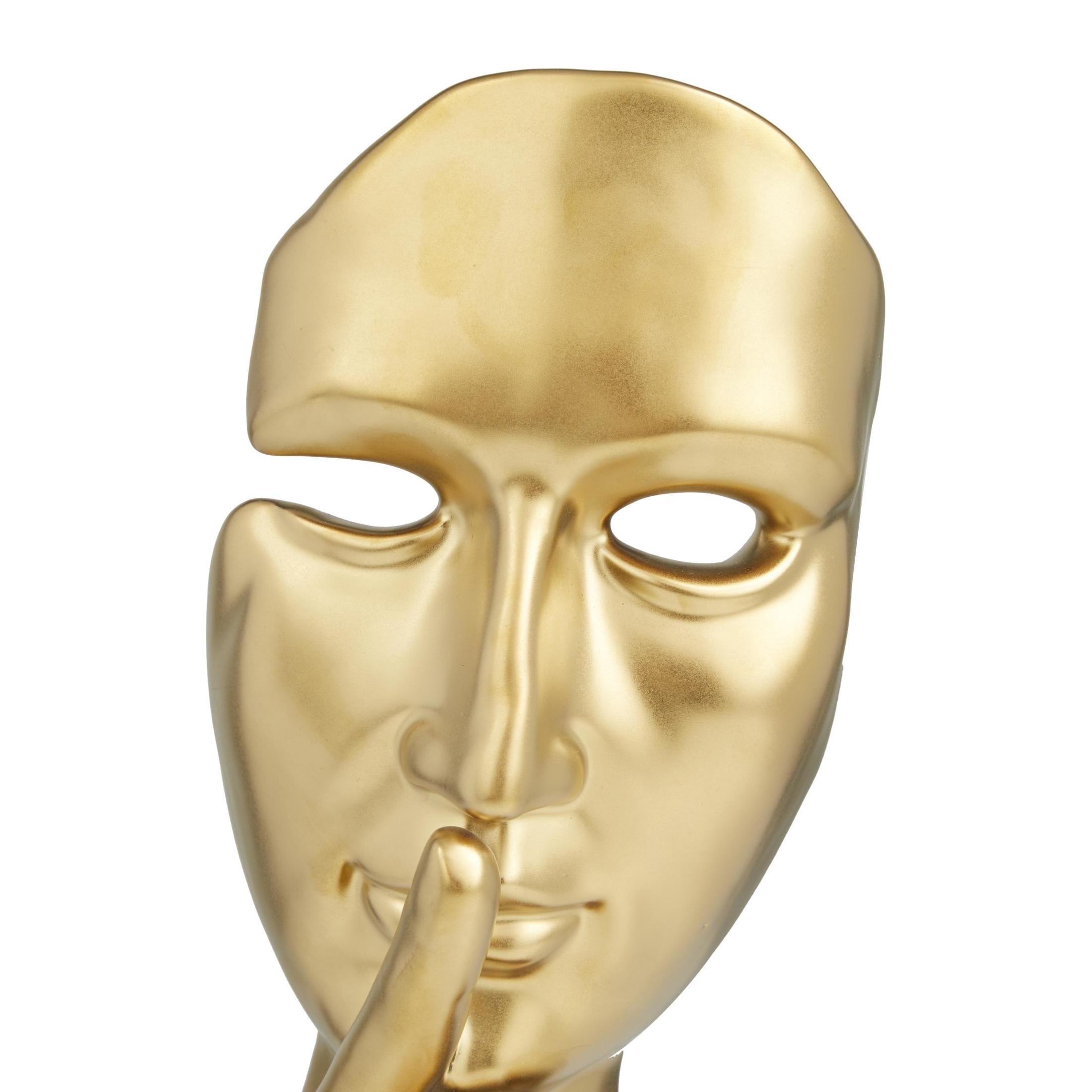 6" x 17" Gold Porcelain Ceramic Quiet Gesture Mask Sculpture, by DecMode