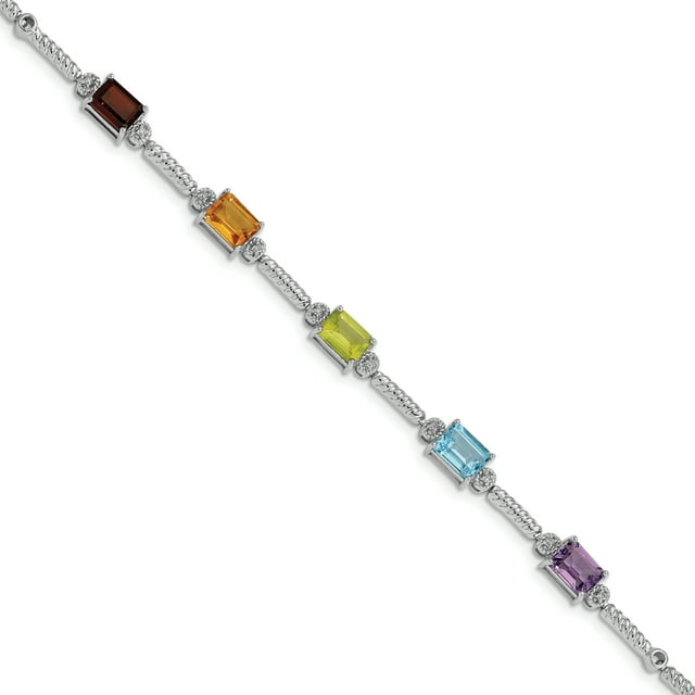 925 Sterling Silver Rhodium-plated Multi Gemstone and Diamond Tennis Bracelet