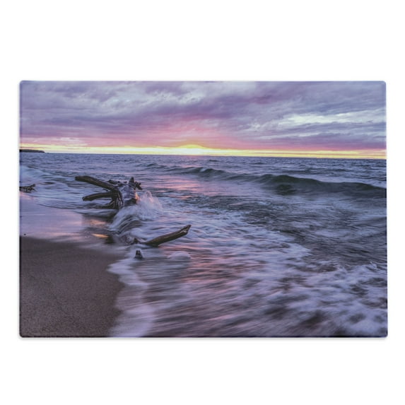 Driftwood Cutting Board, Driftwood Beach Landscape Wavy Sea and Cloudy Sky at Sunset Digital Image Print, Decorative Tempered Glass Cutting and Serving Board, Large Size, Blue Grey, by Ambesonne