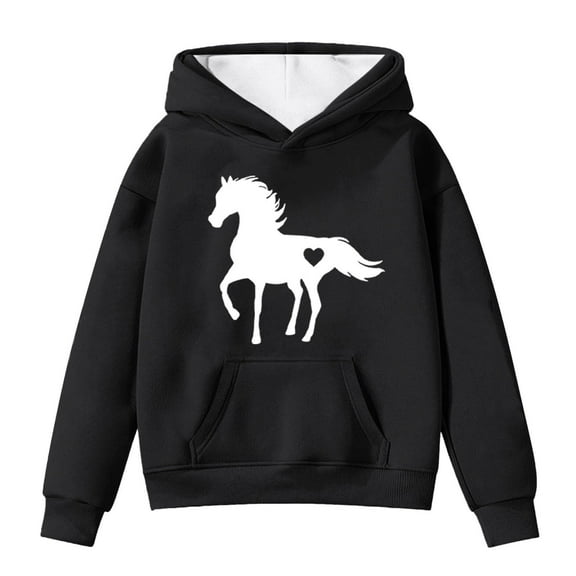 CAIXIA Cute Hoodies For Teen Girls,Girls Hoodies Sweatshirts Winter Warm Pullover With Pocket Cute Horse Print Long Sleeve Casual Hooded Sweatshirt For Toddler Kids,12-13 Years,Black