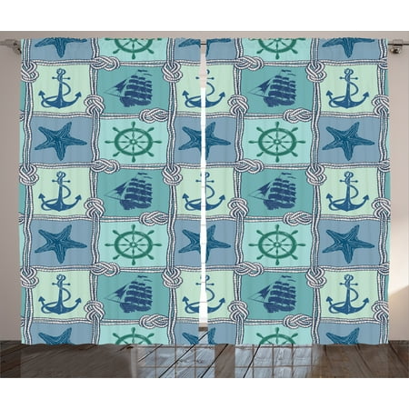 Nautica Drapes Anchor Curtains 2 Panels Set, Nautical Patchwork Pattern with Ropes Starfish Sailing Ship Anchor and Wheel, Living Room Bedroom Decor, Turquoise Navy, by Ambesonne ()