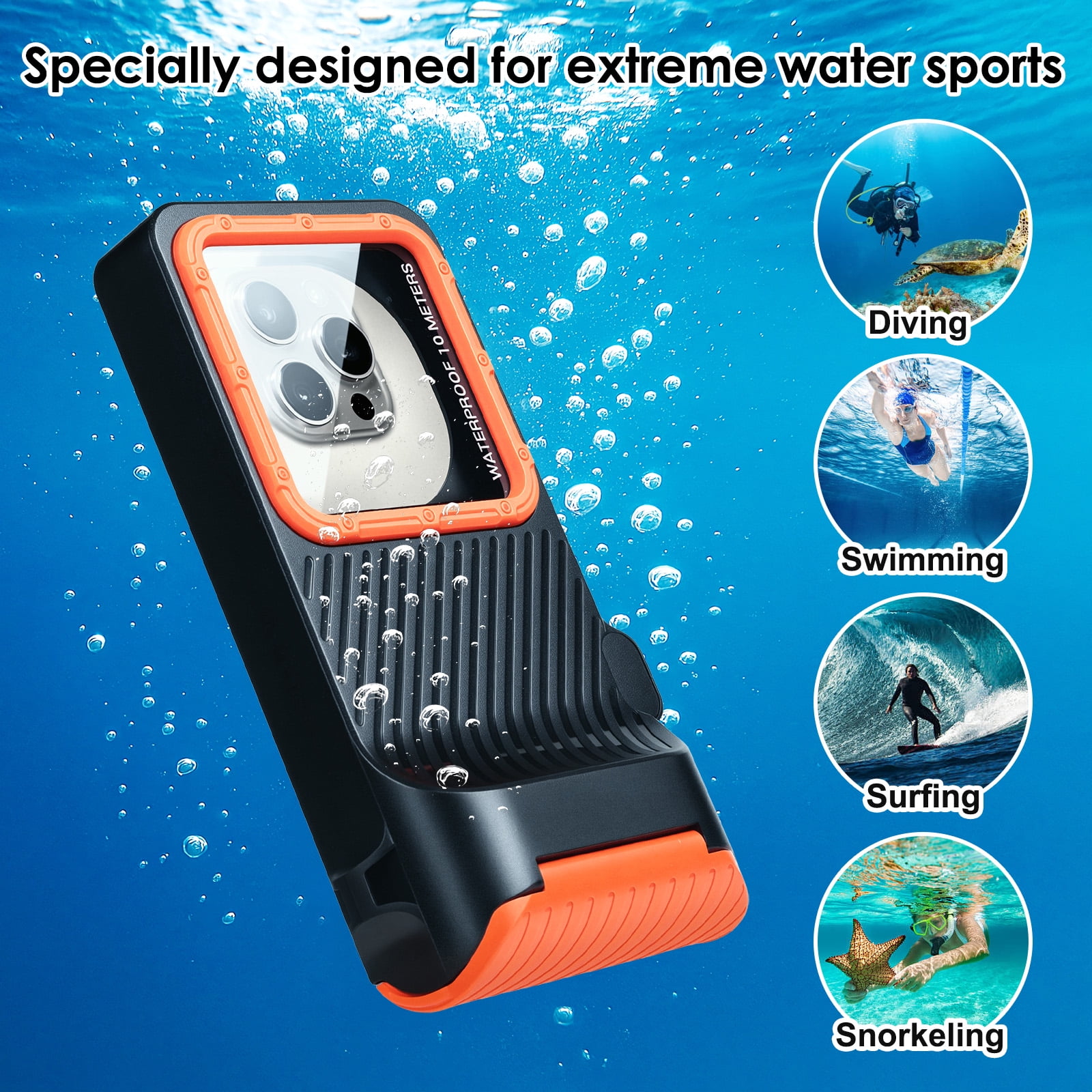 10m/33ft Universal IP68 Waterproof Diving Phone Case for iPhone 16/15/14/13/12/11 Pro Max/XS/Samsung S25/S24/S23/S22/S21 Ultra Snorkeling Touch Screen Scuba Housing Photo Video (Orange)