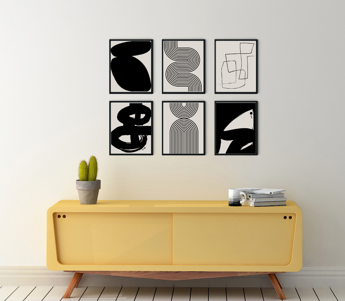 Haus and Hues Black Abstract Painting Aesthetic Wall Art- Set of 6, Modern  Abstract Wall Art Black and Gray, One Line Abstract Art