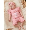 thumbnail image 6 of Cenuakty Baby Girl Ribbed Jumpsuit Short Sleeve Ruffled Hem Letter Cow Print Romper with Headband Infant Summer Clothes, 6 of 9