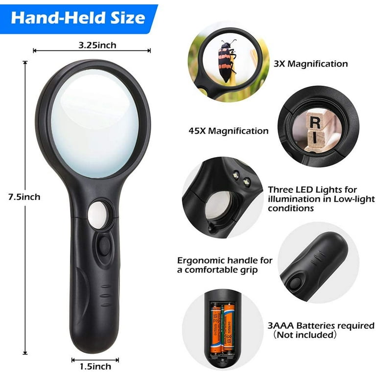 Magnifying Glass with Light, 3X 45X Handheld Reading Lightweight Magnifier  Glass with 3 LED Lights for Seniors & Kids, Reading, Macular Degeneration,  Inspection, Jewellery, Coins, Hobbies & Crafts 