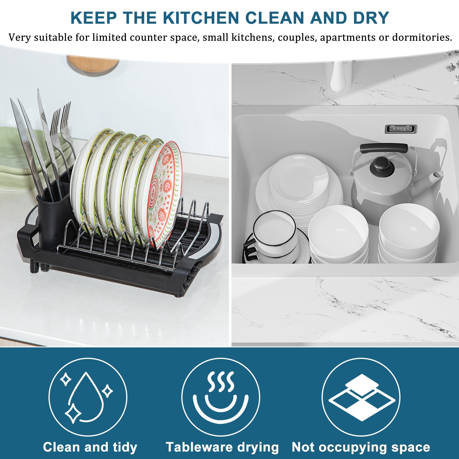 Dish Drying Rack, Extendable Dish Rack, Drying Rack Kitchen,Compact Dish Drainer,Utensil Holder, Cup Holder, Drying Rack for Kitchen Sink