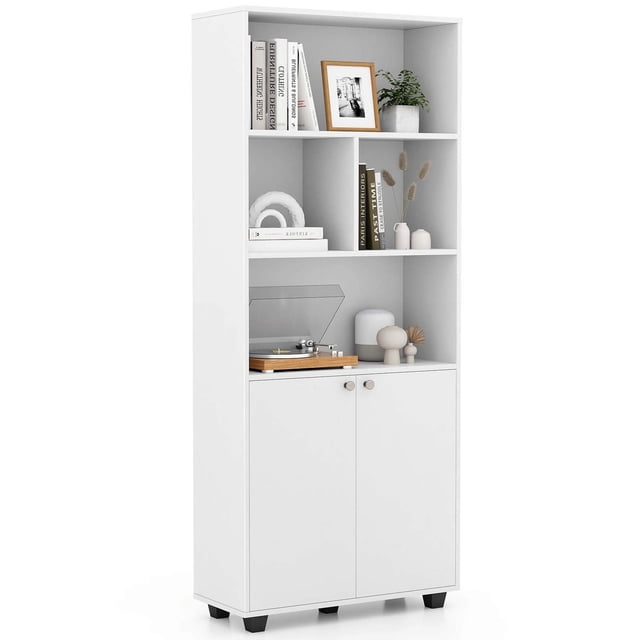 Costway Bibliothèque Autoportante de 66 Pouces de Hauteur à 5 Niveaux, Armoire de Rangement à 2 Portes