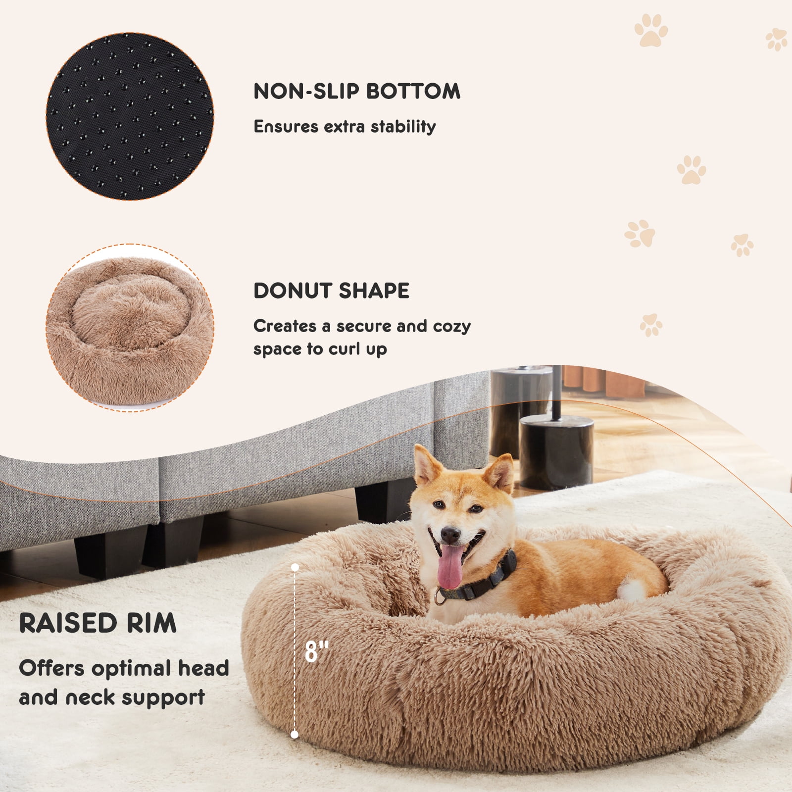 GIANNA Calming 30” Donut Dog Bed for Large Dogs, Soft Warm Cozy Plush Round Fluffy, Machine Washable, Brown