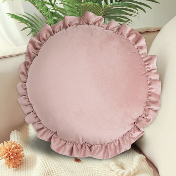 Fridja Pink Round Throw Pillow Diameter 18", Solid Color Farmhouse Cotton Super Soft Lightweight Decoration Pillow with Ruffles, Sturdy Throw Pillow for Couch Sofa Bed Living Room Office