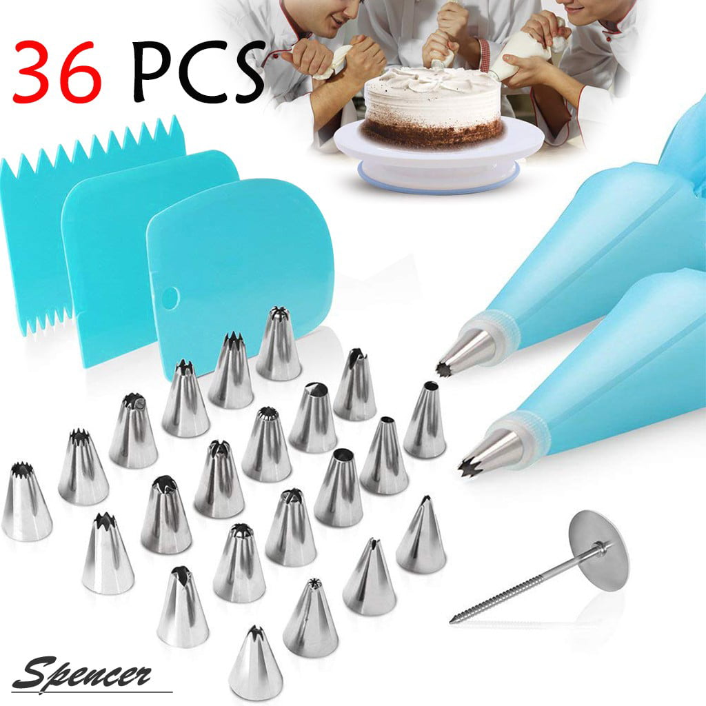 1 Plastic Scissors 3 Cake Scrapers Pipe Nozzle and Reusable Cake Decoration Kit 12 Stainless Steel Nozzles Suitable for DIY Cake Decoration Baking Tools. 1 Adapter and 1 Silicone Pastry Bag 
