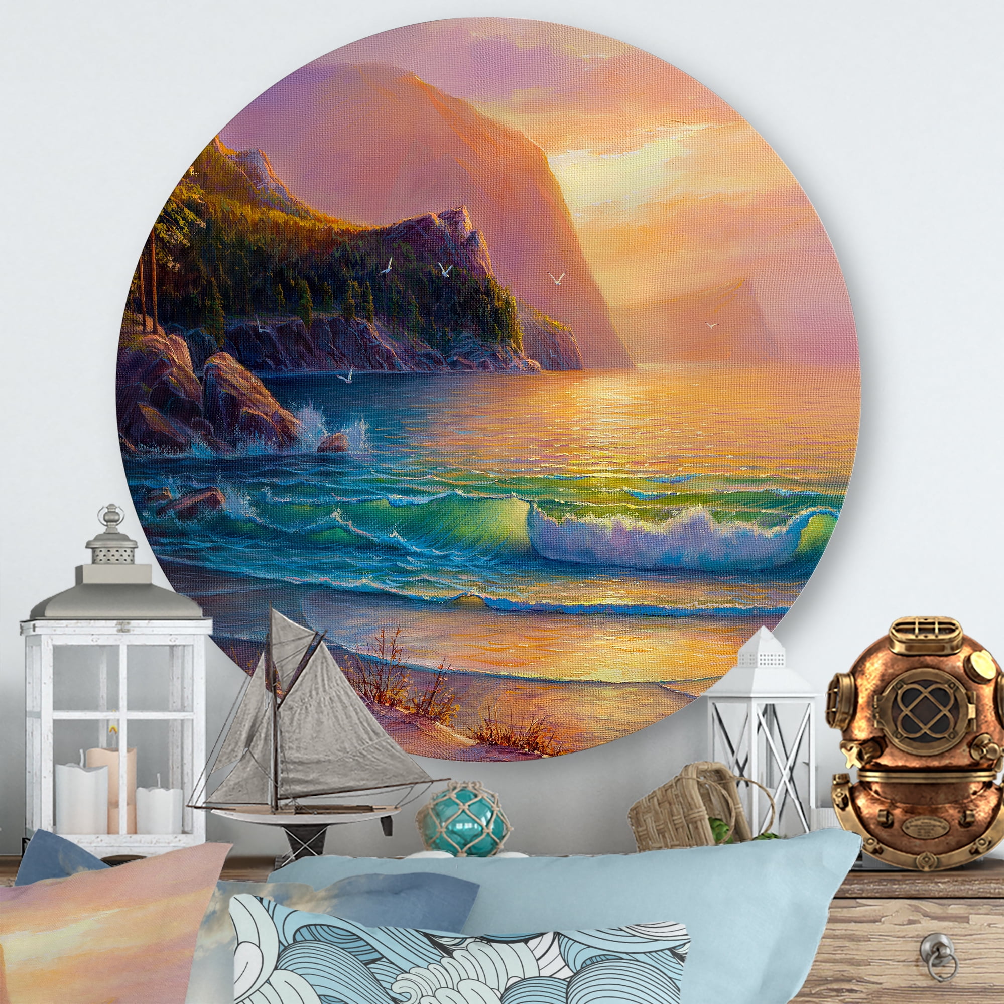 Romantic Beach During Warm Evening 11 in x 11 in Painting Art Prints, by Designart