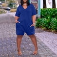 thumbnail image 2 of Gibobby pantalones siameses Mono informal de manga corta para mujer, de talla grande, con cuello en V, pantalones cortos de pierna ancha de verano, mono con bolsillo(Azul， XXXL), 2 of 5