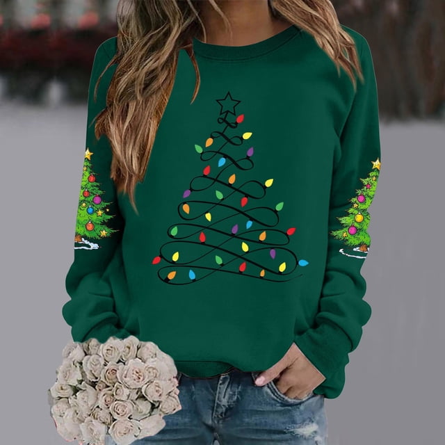 Chandails d'Hiver Grande Taille pour Femmes Chandail à Capuche Imprimé Tête de Cerf de Noël Col Rond Manches Longues Vert TG