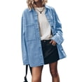 thumbnail image 2 of LYMAYTER Women Fashion Jacket Vintage Button Up Frayed Hem Denim Jacket Long Sleeve Large Pockets Cowboy Outwear S-2XL, 2 of 8