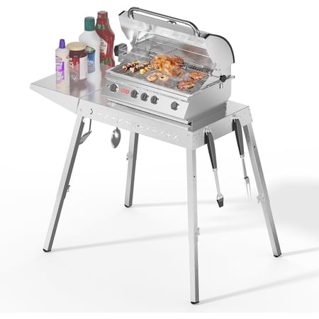WAA Portable BBQ Grill Table with 4 Foldable Legs Food Grade 304 Stainless Steel,fits 20'' Tabletop Griddle for RV/Camping/Tailgating