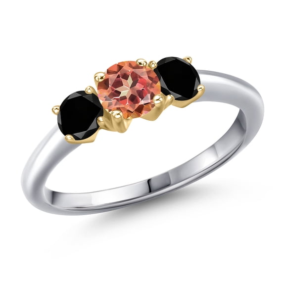 Gem Stone King 10K Two Tone Gold Ecstasy Mystic Topaz and Black Diamond Engagement Ring for Women | 1.54 Cttw | Round 5MM | Gemstone November Birthstone | Size 5