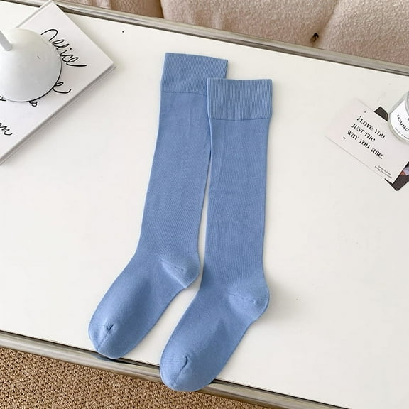 Zhuge 3 Pairs Women's Cotton Stretch Soft Knee High Tube Socks - Solid Knit All-Season Casual Wear with Gift Appeal（Blue）