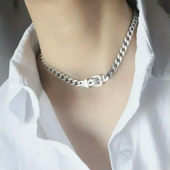 EOEMY 925 Silver Vintage Belt Buckle Choker Necklace Trendy Cuban Link Chain