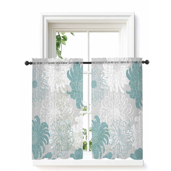 Turquoise White Floral Curtains 45 Inch Length,Sheer Curtains for Bedroom Living Room Window Elegant Chrysanthemum Farmhouse Rod Pocket Drapes Kitchen Curtains Small Half Window 52"x45" 2 Panels