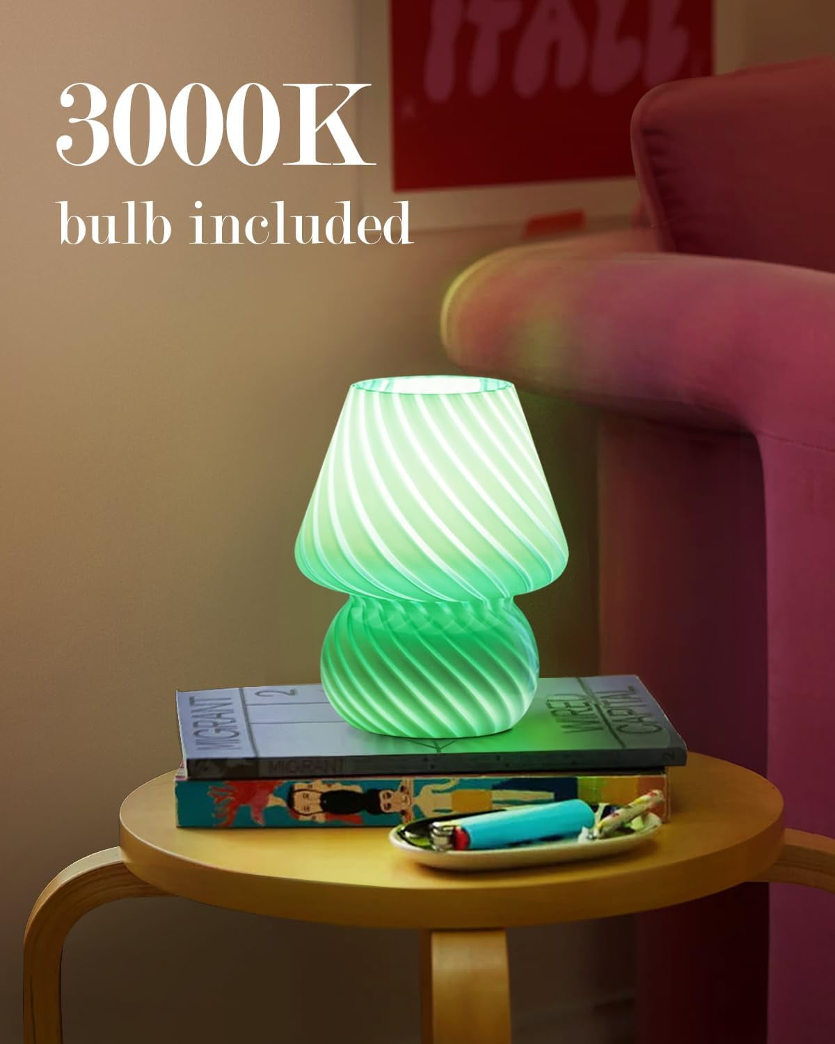Mushroom Lamp, Small Bedside Lamp with Striped Glass, Nightstand Lamp for Bedroom Living Room, Home Decor, Gift, Green Striped