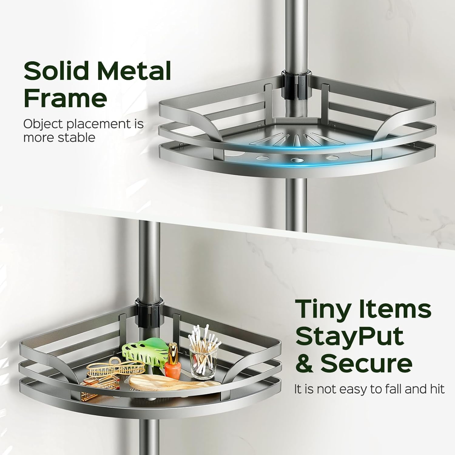 Shower Caddy Tension Pole：4-Tier Rustproof Bathroom Corner Shelf for Renters - 47-121inches Adjustable Bathtub Organizer with Soap Holder-large capacity rack for Shampoo Storage Home Accessory