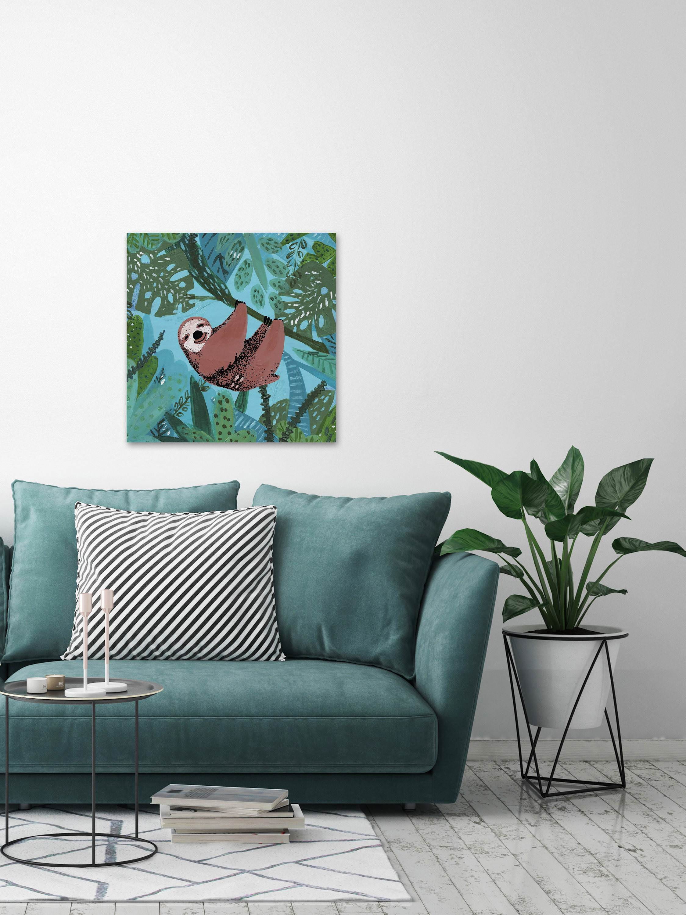 Hanging Happy Sloth Painting Print on Wrapped Canvas