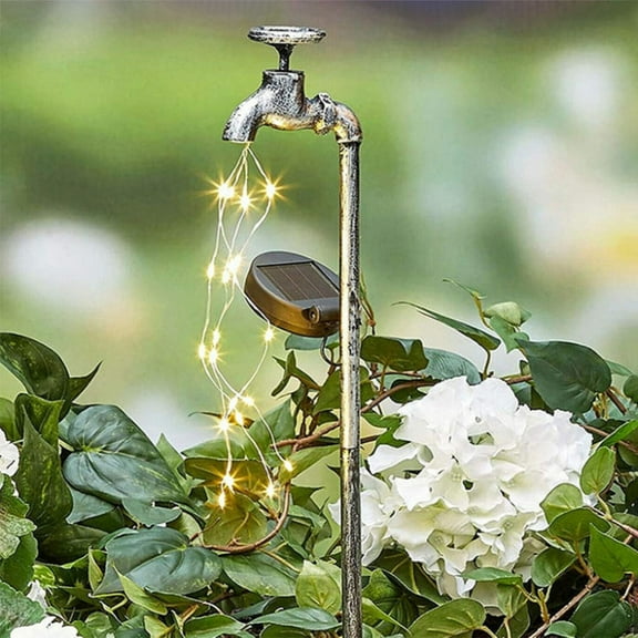 NIYANGLE Garden Ornaments 1Pack Solar Powered Iron Retro Faucet and Planter Design for Patios