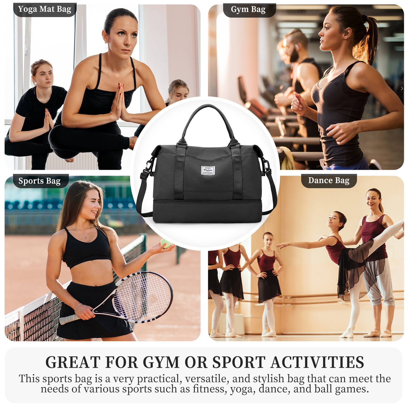 Weekender Bags for Women, Travel Duffel Bags with Shoe Compartment, Personal Item Travel Bag for Airlines, Carry on Overnight Tote Bag for women, Black