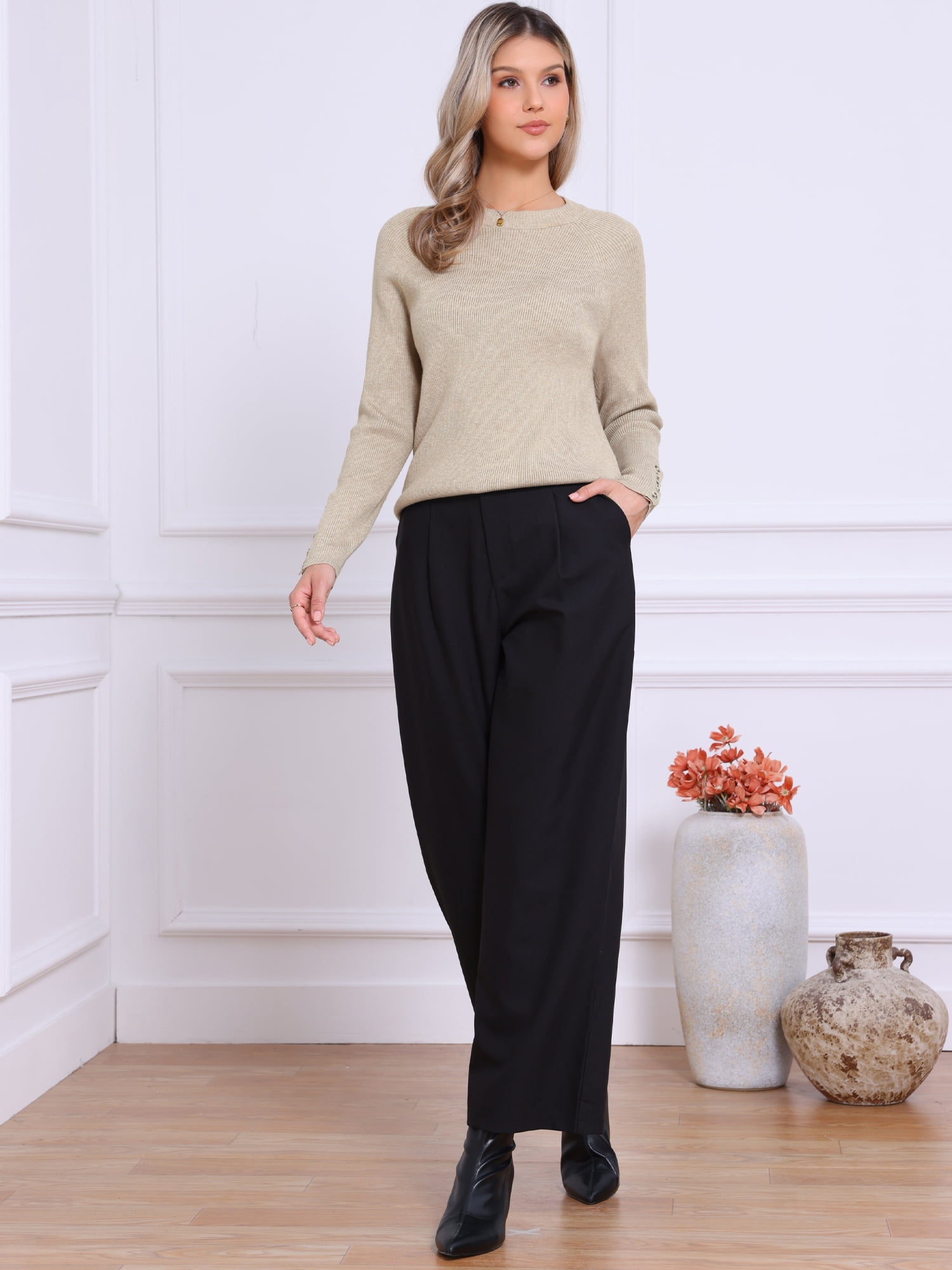 DARING DIVA Women's Spring Ribbed Knit Long Raglan Sleeves Sweater Tops L Khaki