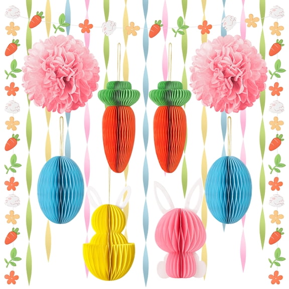 Easter Honeycombs Garland Hanging Decoration,Pastel Easter Egg Carrot Bunny Paper Honeycomb,Tissue Pompom,4 Colors Crepe Paper Rolls for Spring Easter Theme Party