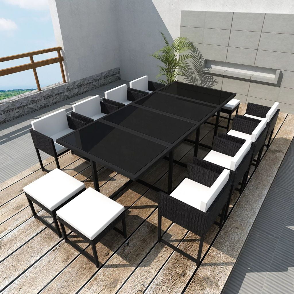 Kepooman 13 Pieces Outdoor Patio Wicker Rattan Chair Set with Tempered Glass Table & Cushion, Black