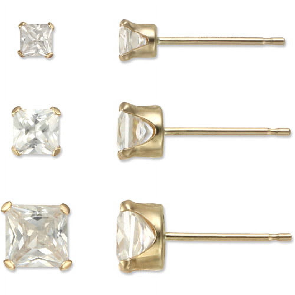Brilliance Fine Jewelry 10kt Yellow Gold Square Cubic Zirconia Stud Earrings Set, 3 Sizes