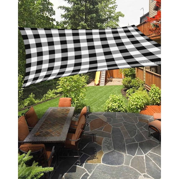 Farmhouse Rural Waterproof Sun Shade Sail Style White and Black Plaid Outdoor Patio Sun Shades Canopy UV Block Waterproof Sunshade for Garden Backyard Deck Pergola 6.5x10 Ft
