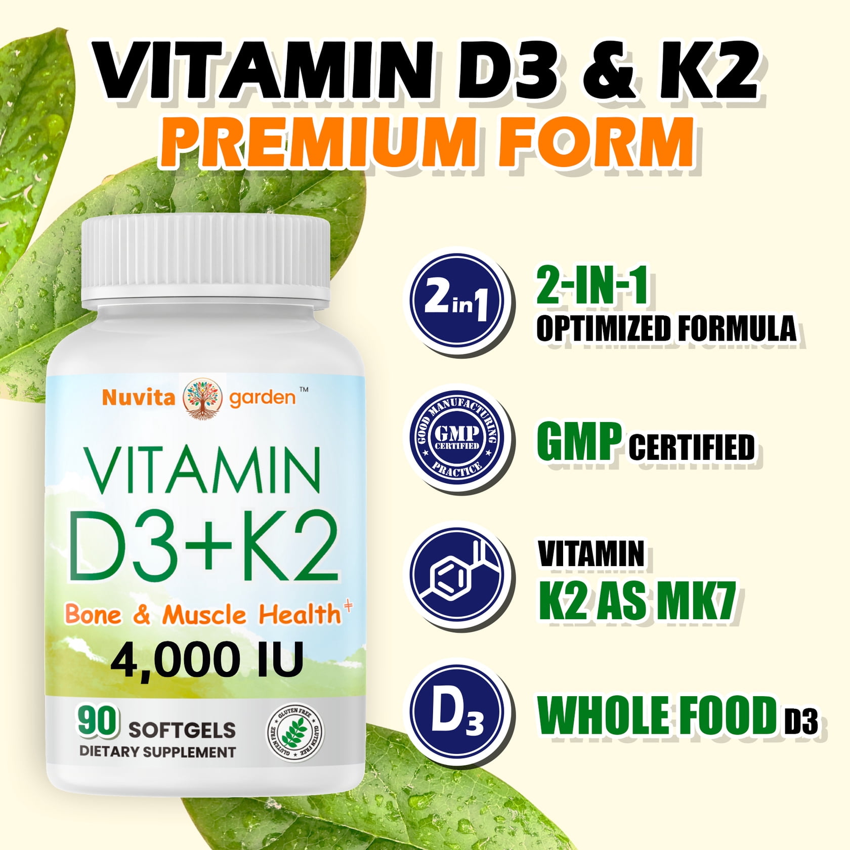 Vitamin D3 + K2 - 4,000 iu D3 + 200 mcg K2 - Supports Immunity, Bone & Brain Health
