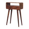 thumbnail image 3 of Artisan Furniture Solid Wood Mini Curved Honey Caramel Console Table with two drawers and 1 open slot, 3 of 10