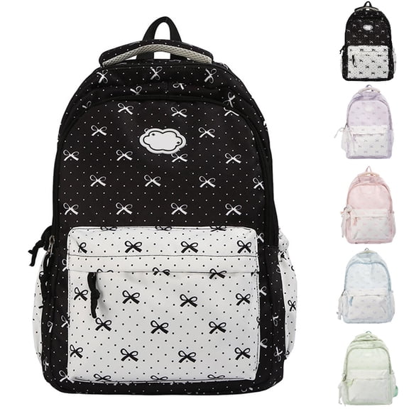HJYCHN Backpack for Boys Dotted Bow Print Daypack with Multi Pockets Back to School Supplies for Kids Girls Backpack Black