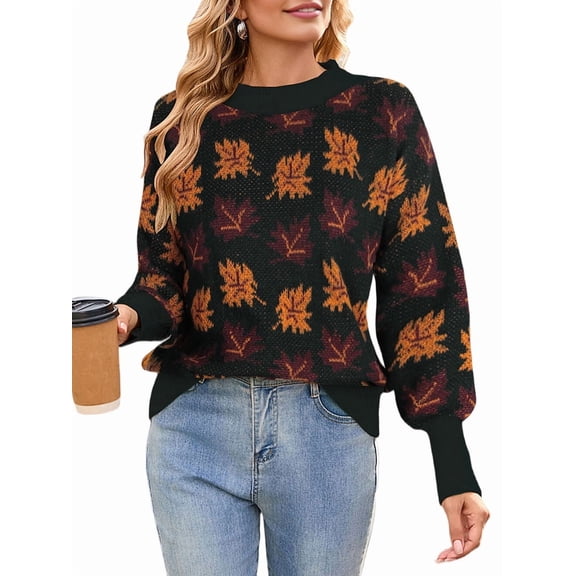 Women'S Fall Leaf Trendy Jacquard Sweater Casual Knitted Soft Cozy Pullover Sweaters Black S