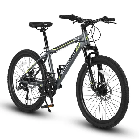 Mountain Bike 24 Inch Boys Girls, Steel Frame, Shimano 21 Speed Disc Brakes