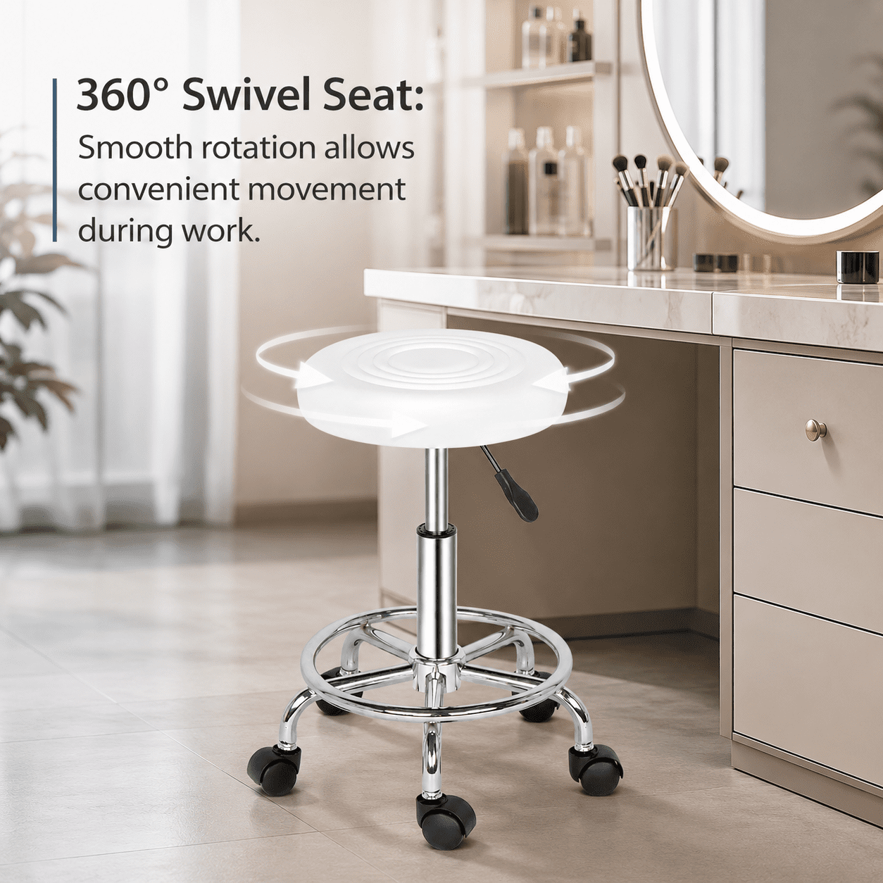 Alvantor Rolling Stool, White PU Leather Round Seat with Height Adjustment