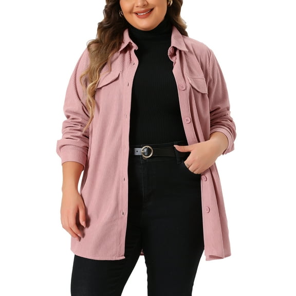 DARING DIVA Plus Size Corduroy Shirts Button Down Shackets Jacket 1X Pink