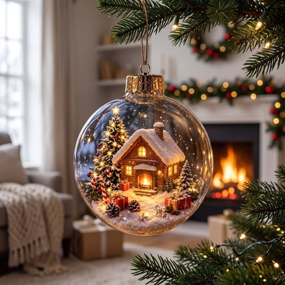 Clear Acrylic Christmas Snow Globe Ornament, 2D House Scene Ball Pendant for Holiday Tree Decor.
